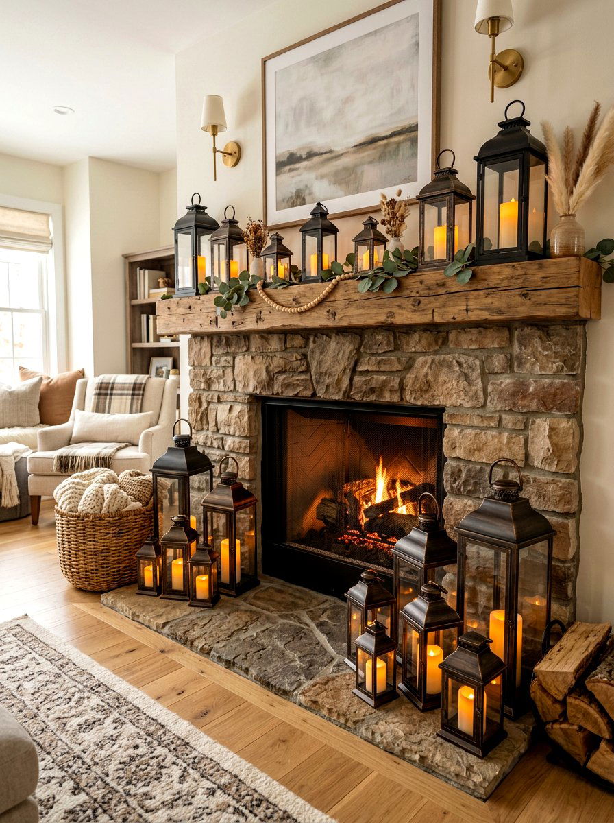 Lantern fireplace decor - 30 mantel decor ideas