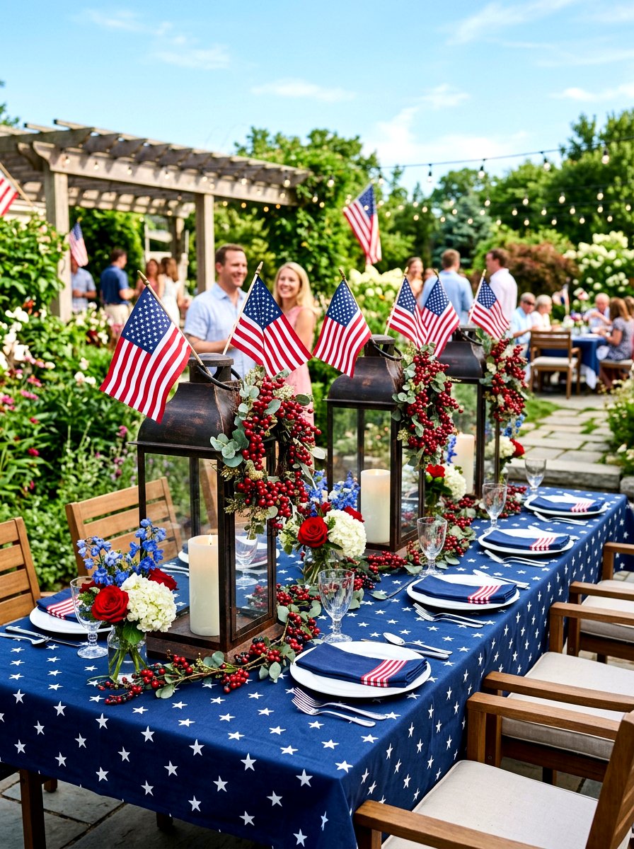 Lantern table decor with flags - 30 patriotic table decor ideas