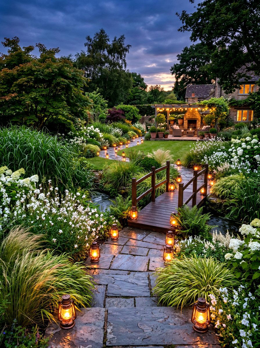 Lanterns lining a garden path - 30 candle lantern patio styling ideas