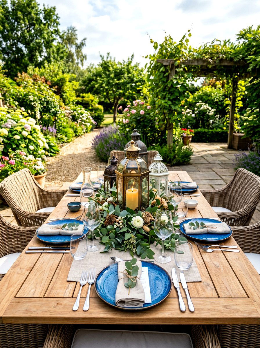 Lanterns on outdoor dining table centerpiece - 30 candle lantern patio styling ideas