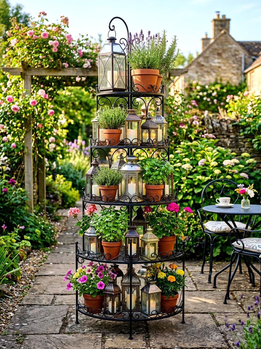 Lanterns on tiered plant stand - 30 candle lantern patio styling ideas