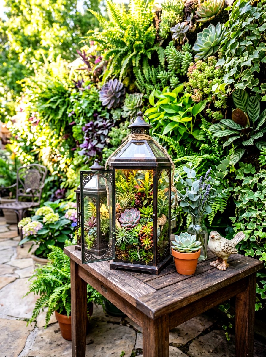 Lanterns with greenery and succulents - 30 candle lantern patio styling ideas