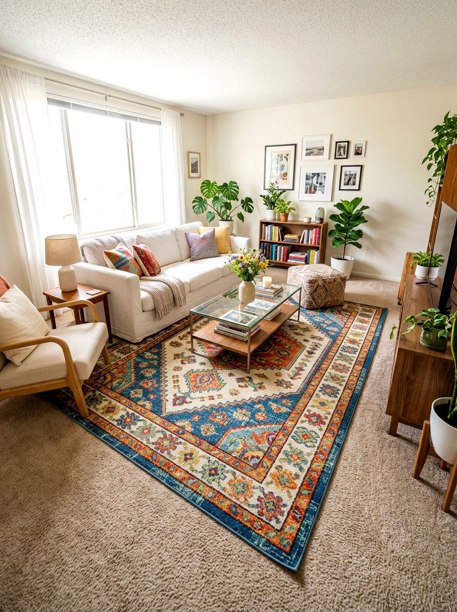 Large Area Rug Over Carpet - 30 renter friendly living room ideas