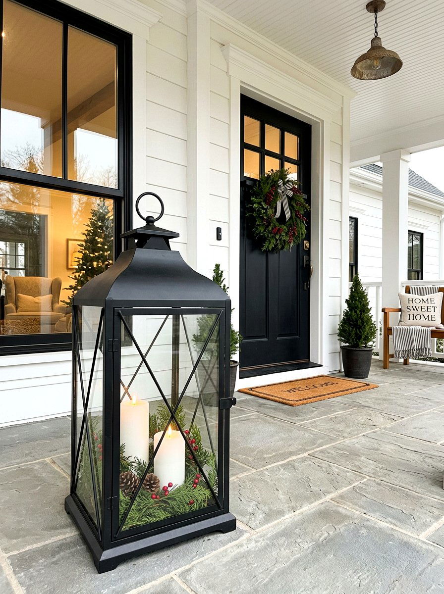 Large Black Metal Lantern - 30 winter porch lantern ideas