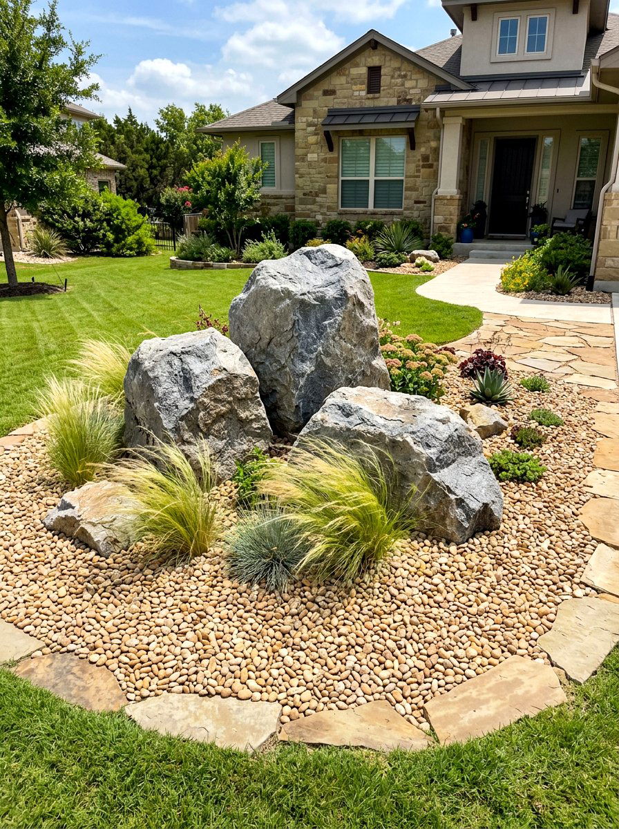 Large Boulder Gravel Accent - 30 gravel front yard landscaping ideas