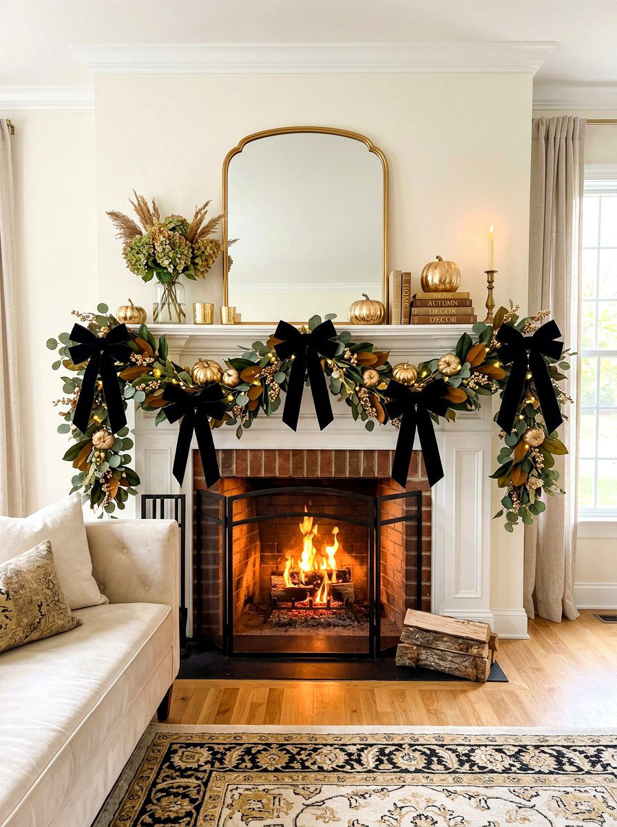 Large Bow Garland - 30 Halloween mantel decor ideas