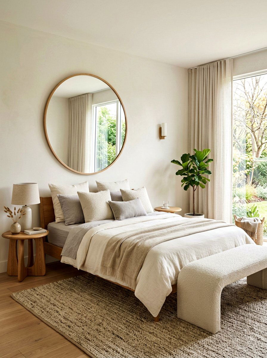 Large Circular Mirror Bedroom - 30 earthy minimalist bedroom ideas