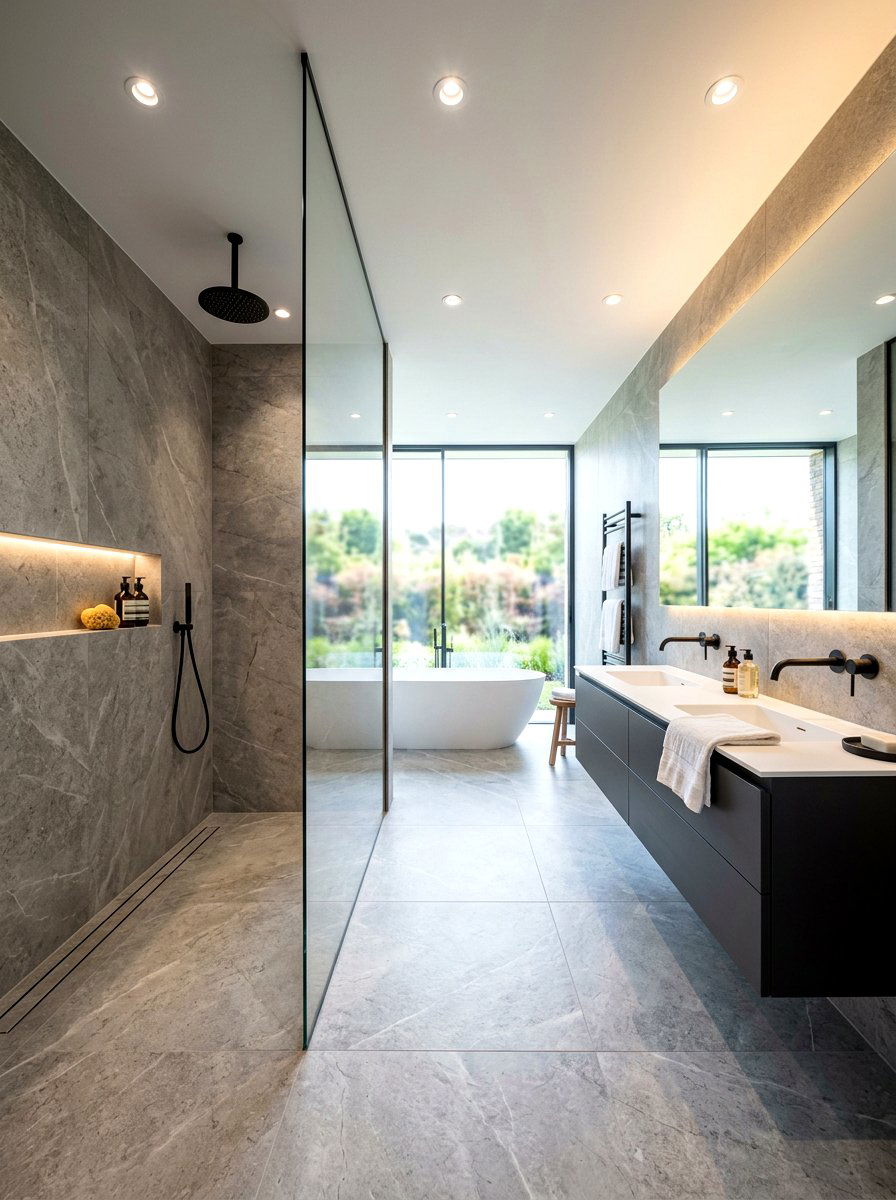 Large Format Porcelain Bathroom - 30 floor to ceiling tile bathroom ideas