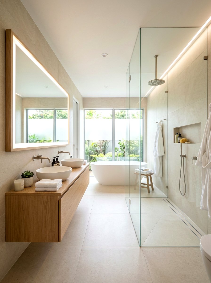 Large Format Porcelain Light Grout - 30 light grout bathroom ideas