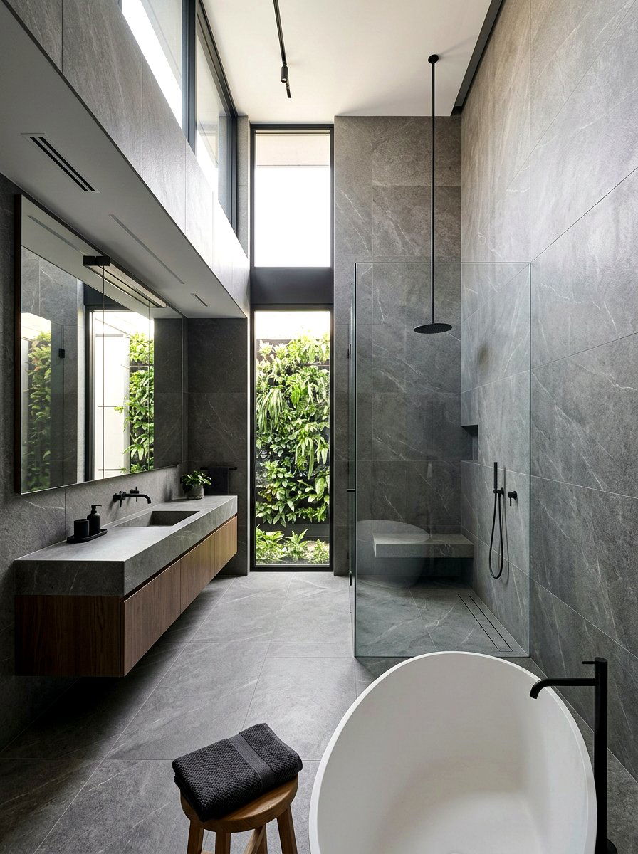 Large Format Stone Tile - 30 quiet luxury bathroom ideas