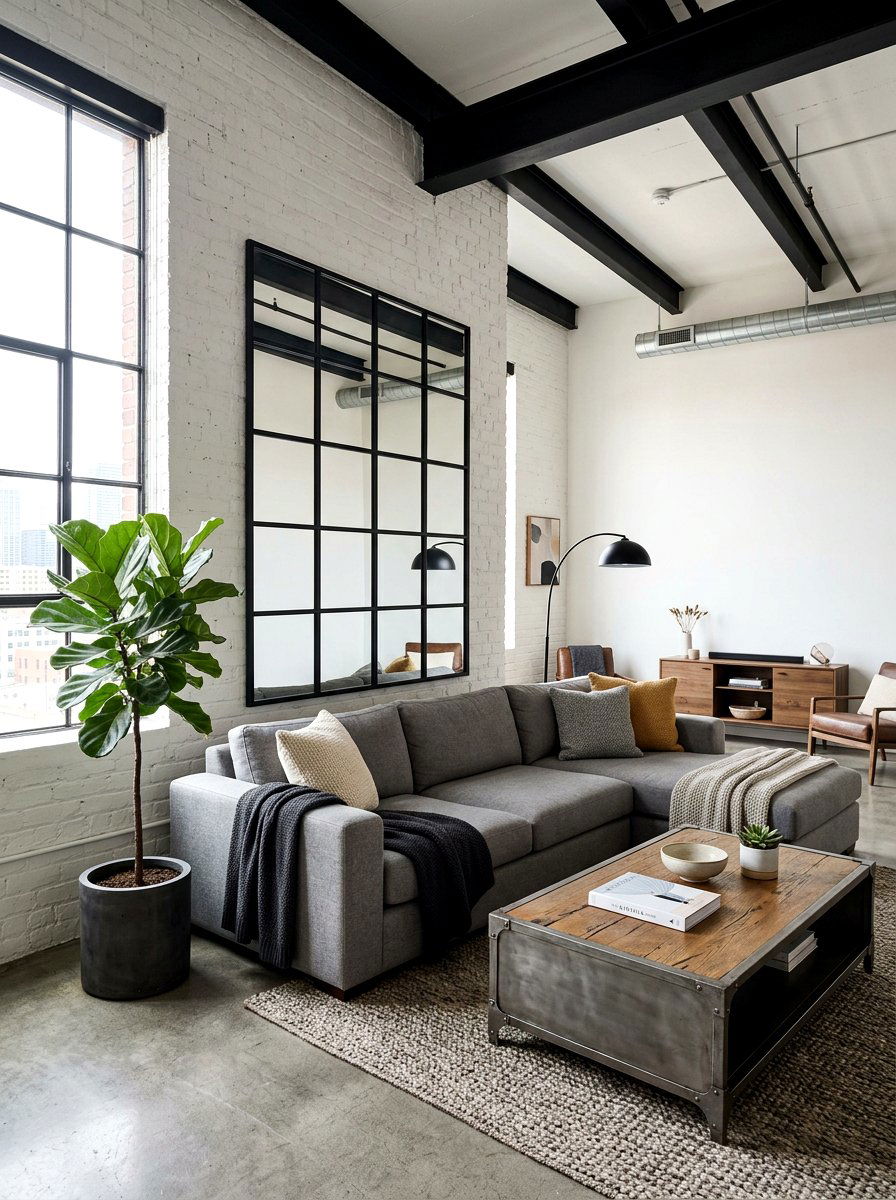 Large Grid Mirror Industrial Living Room - 30 oversized mirror leaning wall ideas