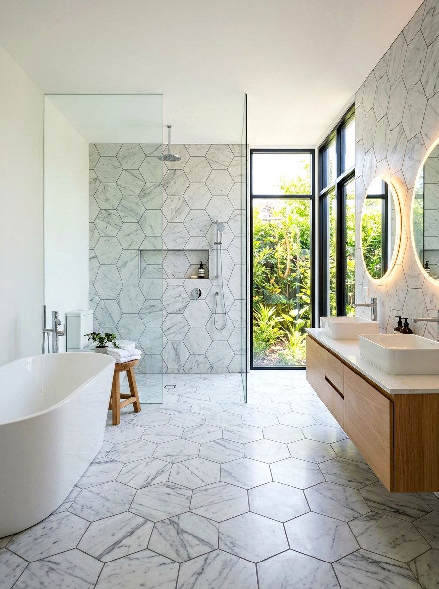 Large Hexagon Marble - 30 mosaic marble bathroom ideas