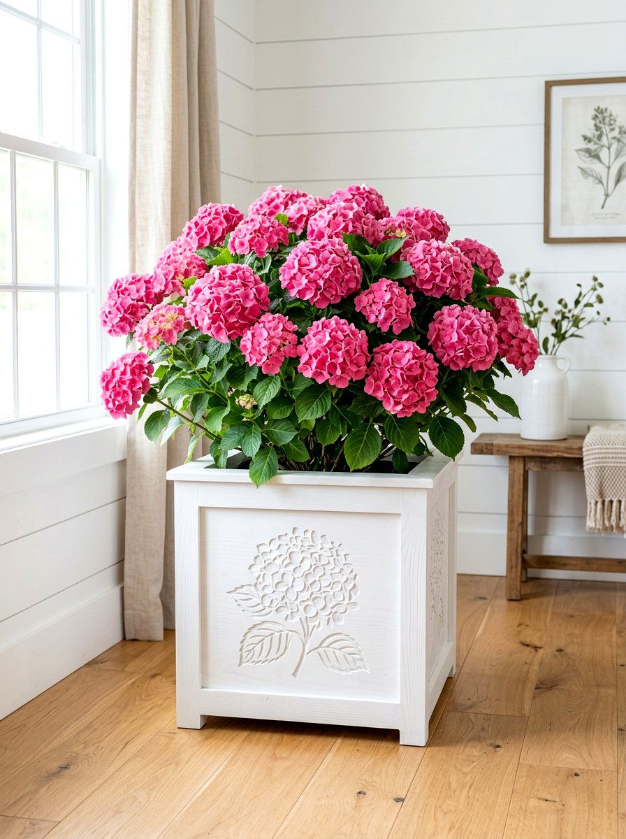 Large Hydrangea In Square Wooden Planter - 30 hydrangea porch planter ideas