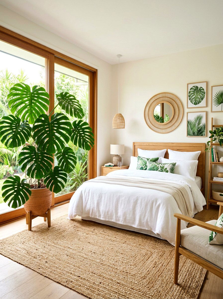 Large Leaf Monstera - 30 bedroom plant decor ideas
