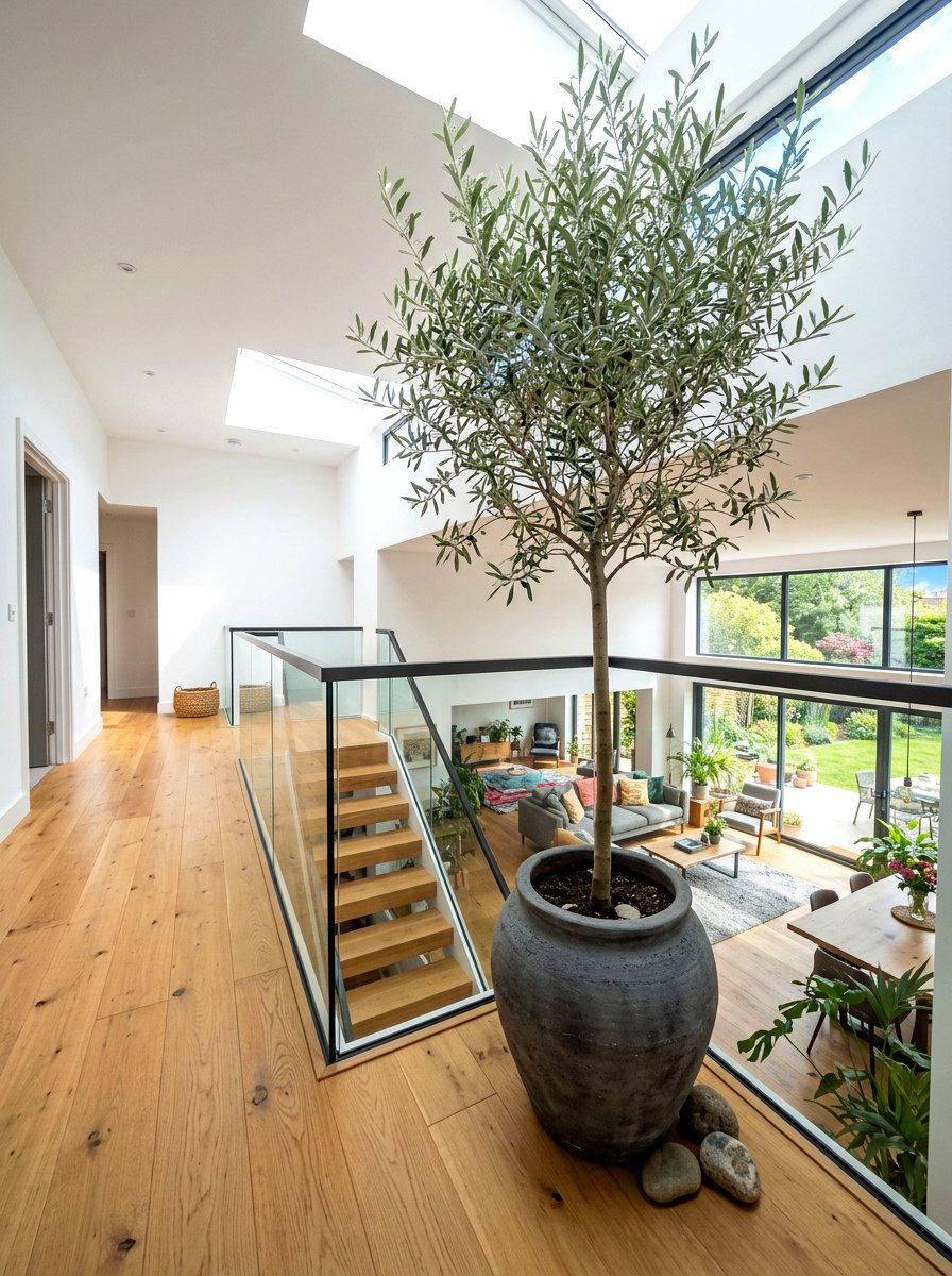Large Potted Landing Tree - 30 stair landing plant nook ideas