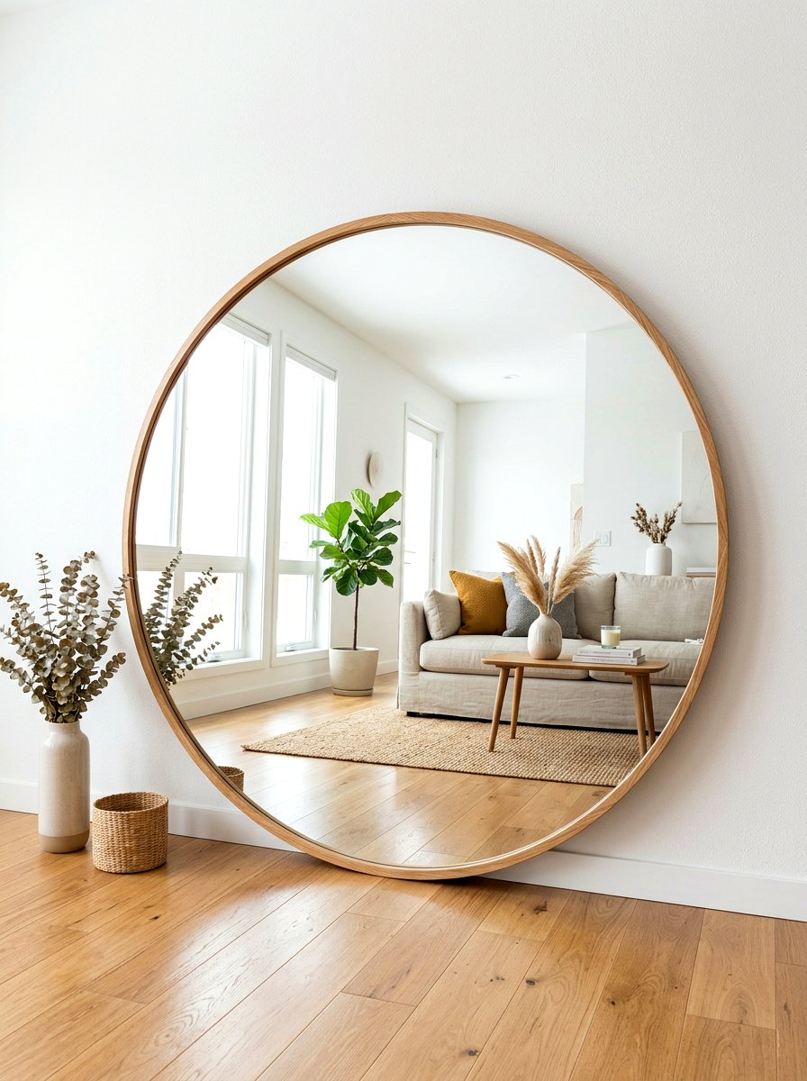 Large Round Floor Mirror - 30 soft minimal apartment ideas