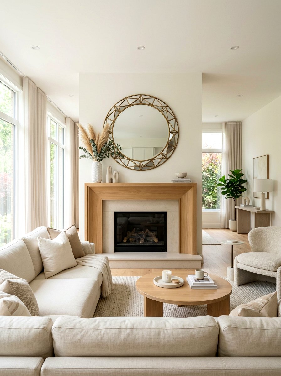 Large Round Mirror - 30 mantel shelf styling ideas