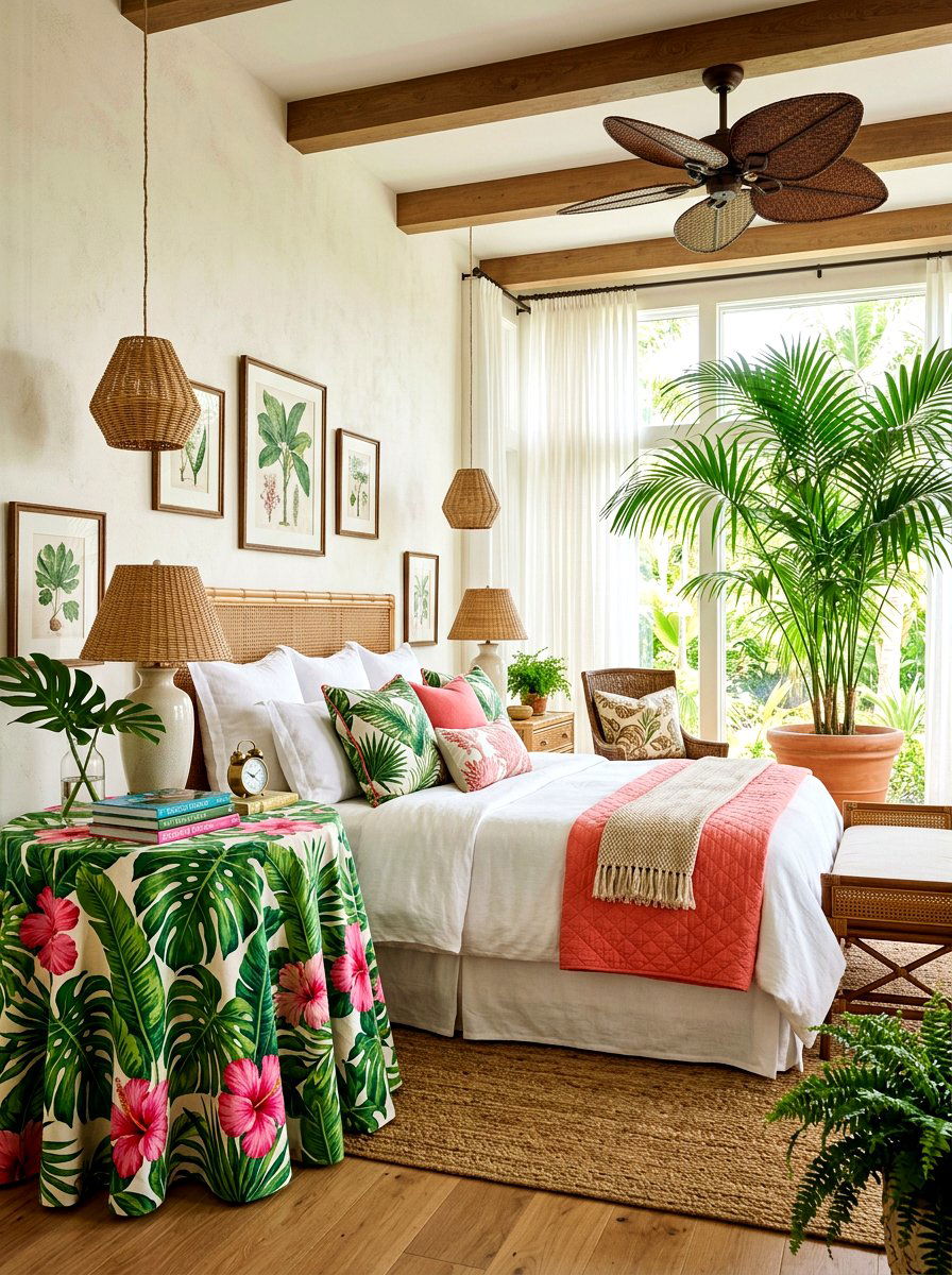 Large Scale Floral Nightstand - 30 skirted nightstand ideas