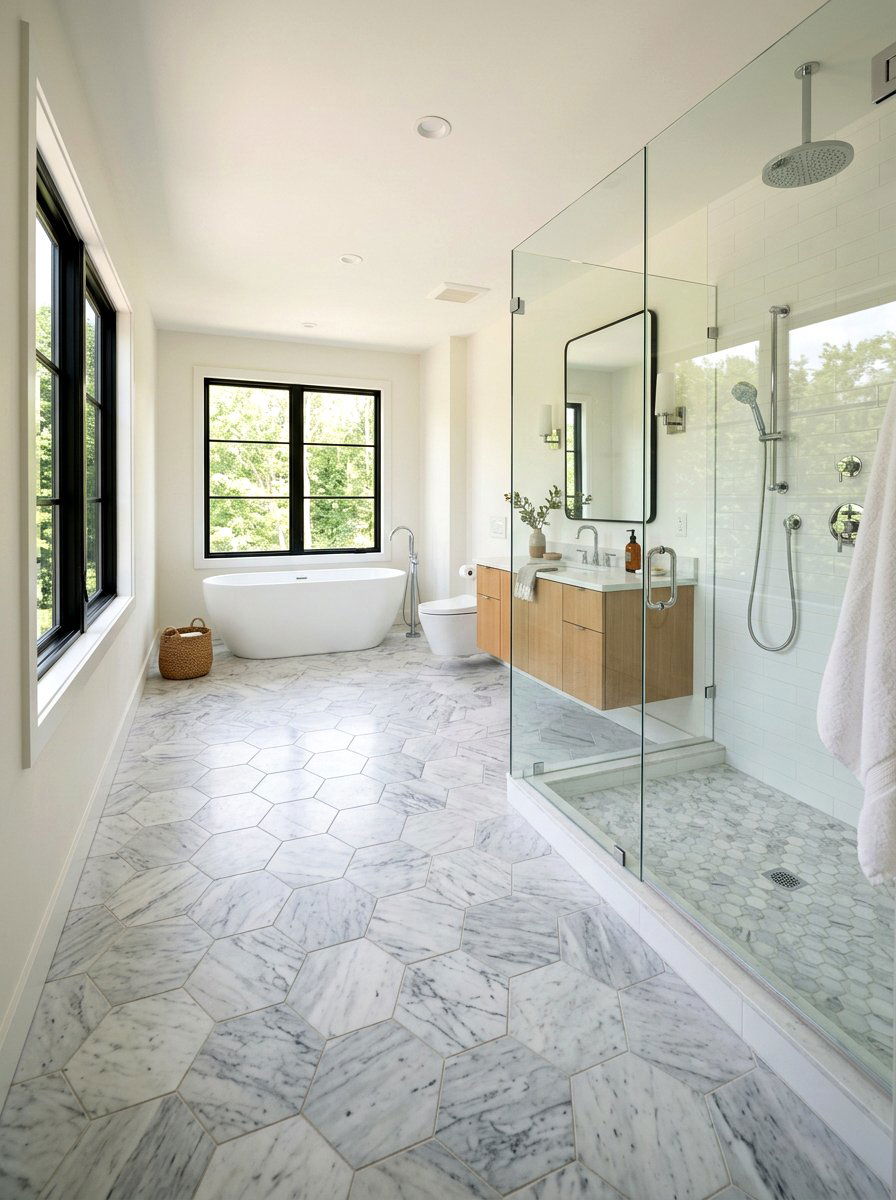 Large Scale Marble Hexagon Floor - 30 marble mosaic bathroom ideas
