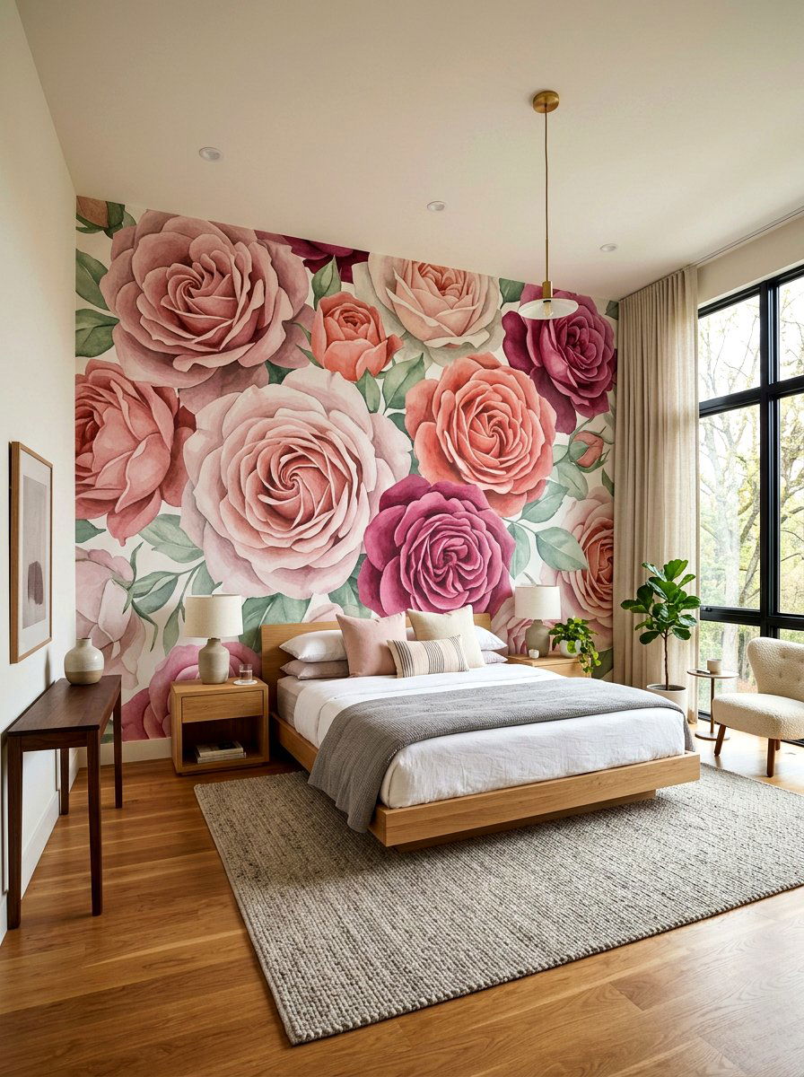 Large Scale Rose Pattern Wall - 30 rose print bedroom ideas