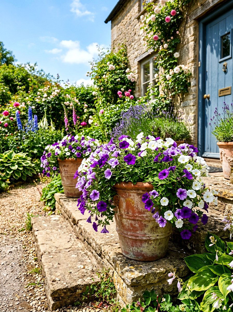 Large Terra Cotta Petunias - 30 porch planter arrangement ideas for summer