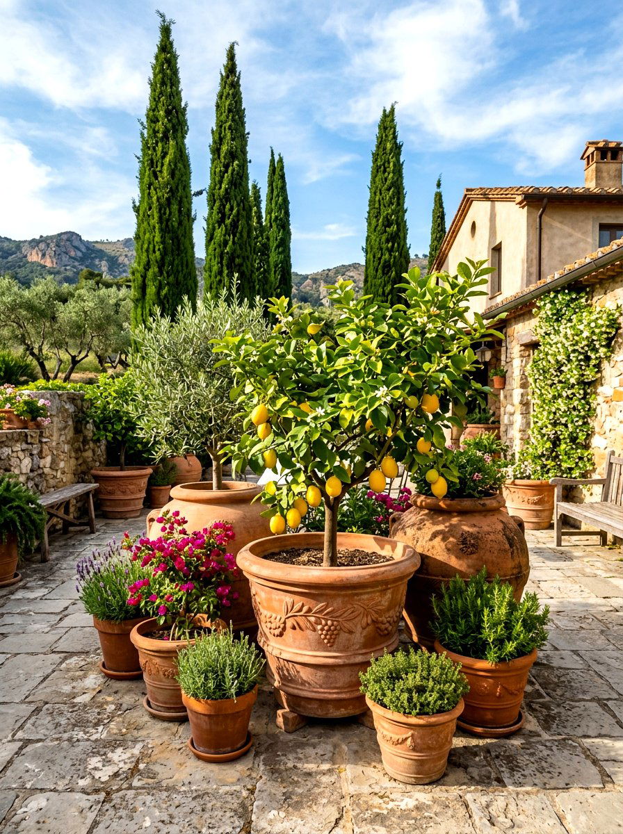 Large Terracotta Planters - 30 Mediterranean patio lounge ideas