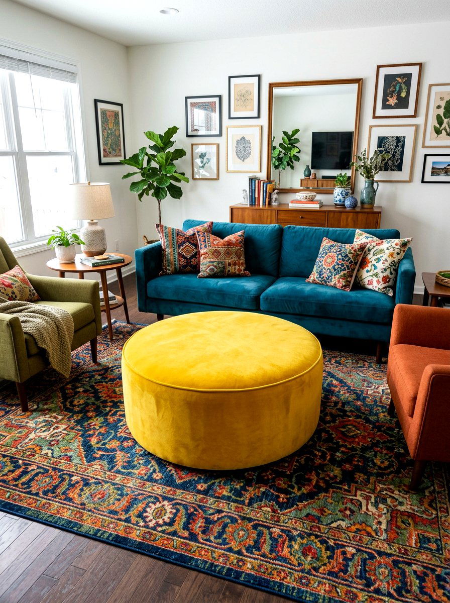 Large Velvet Round Ottoman - 30 playful maximalist living room ideas