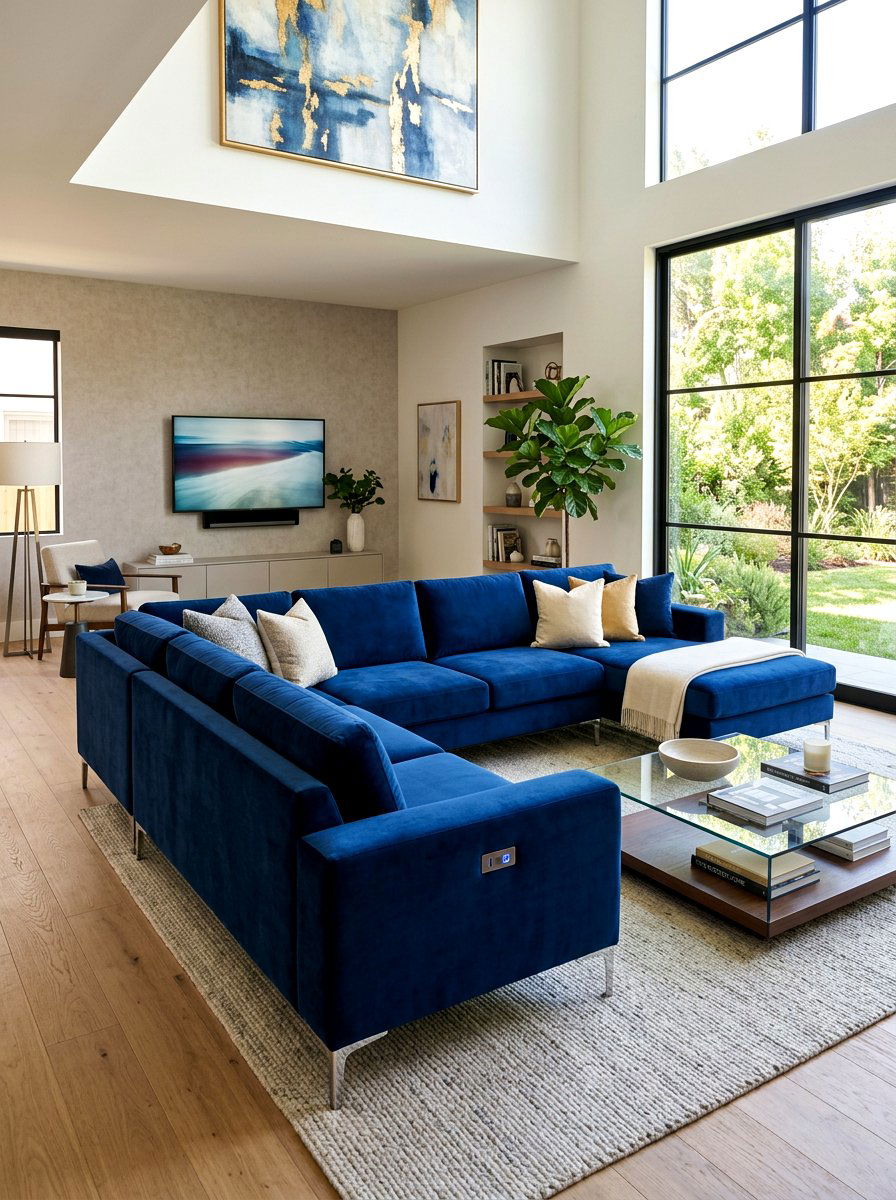 Large Velvet Sectional - 30 futuristic glam living room ideas