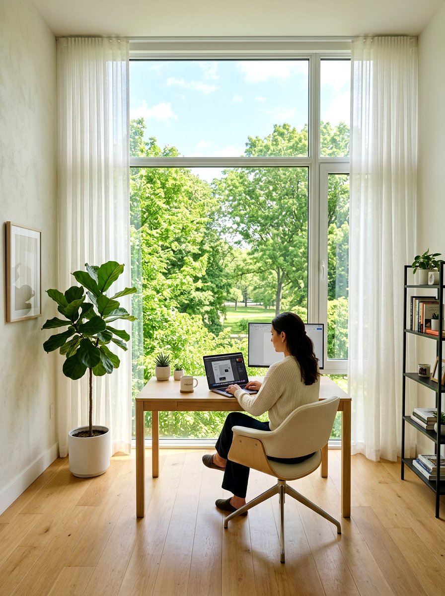 Large Window Office Lighting - 30 calm neutral office ideas
