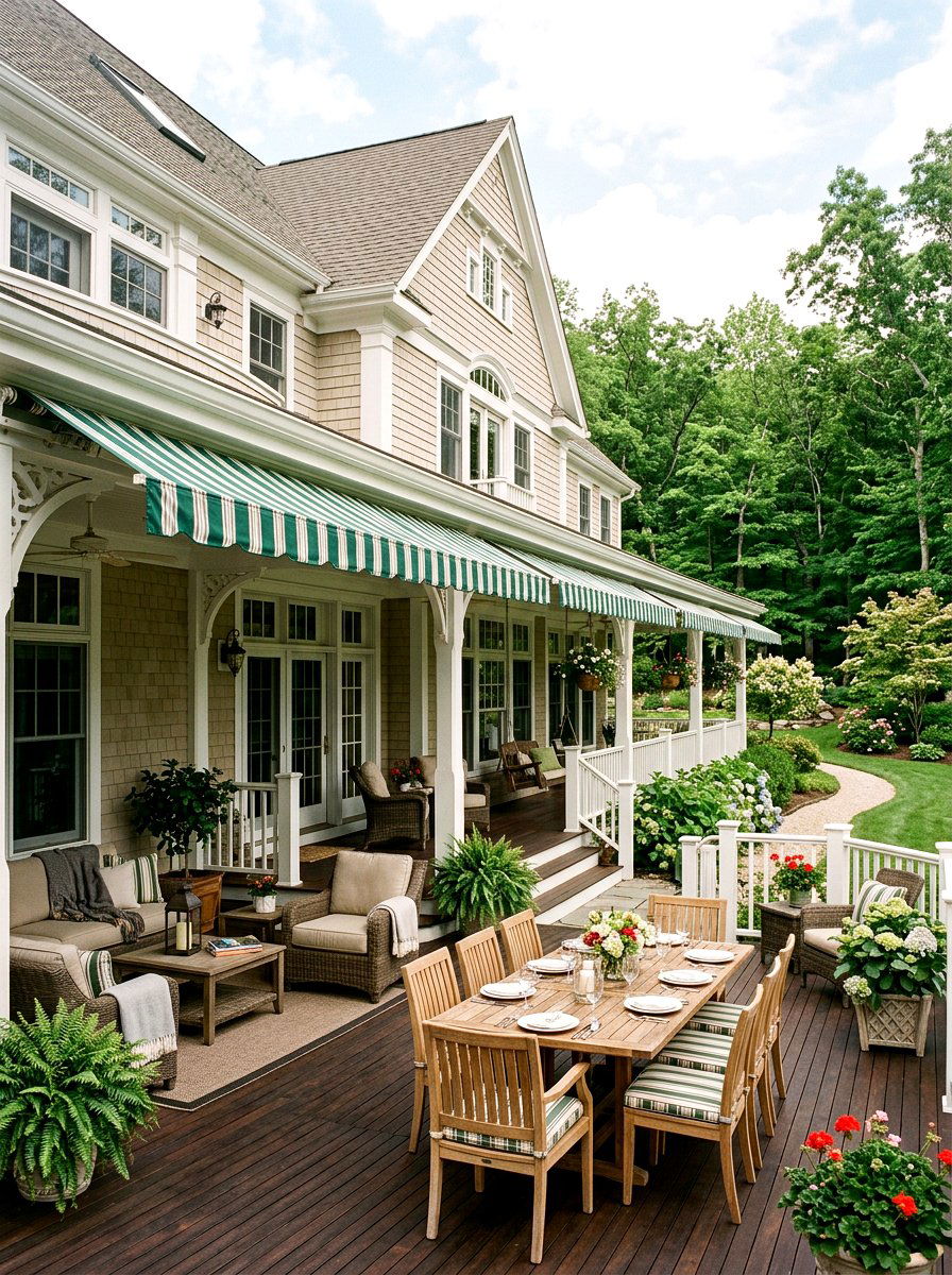 Large Wraparound Striped Porch Shade - 30 striped awning front porch ideas