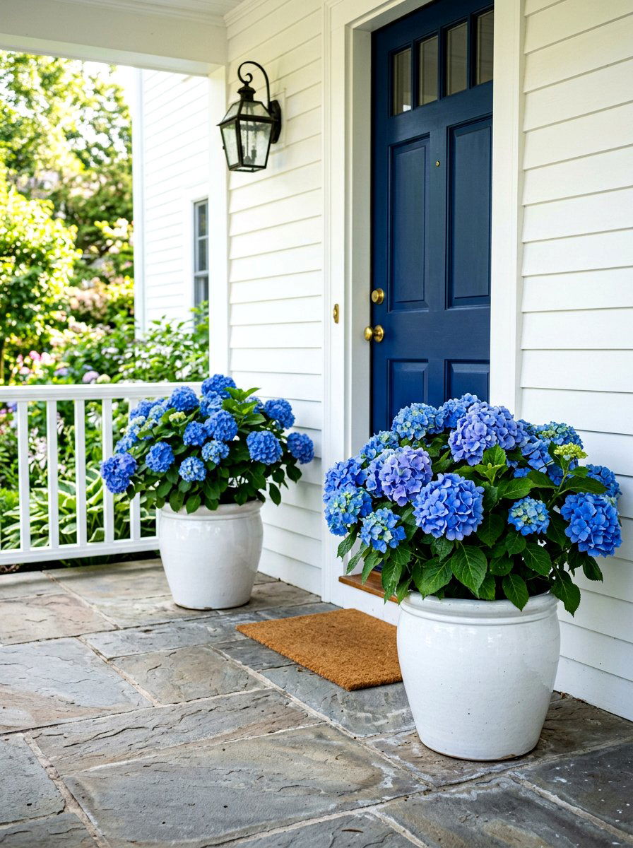Large blue hydrangea pots - 30 Nancy Meyers front porch ideas