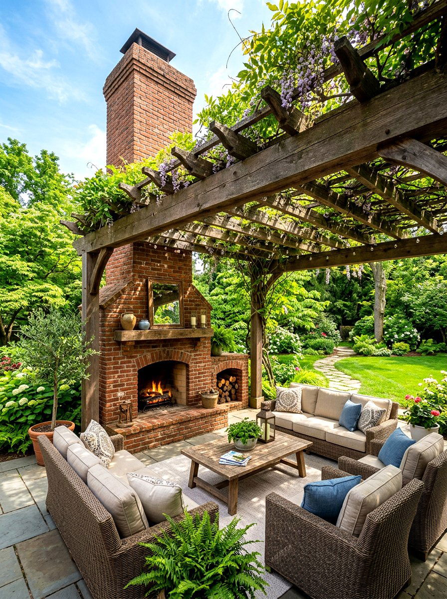 Large brick fireplace chimney pergola - 30 brick outdoor fireplace ideas