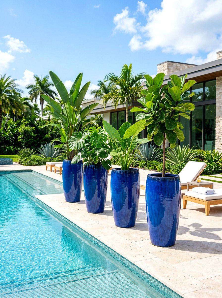 Large ceramic planters - 30 tropical pool landscaping ideas