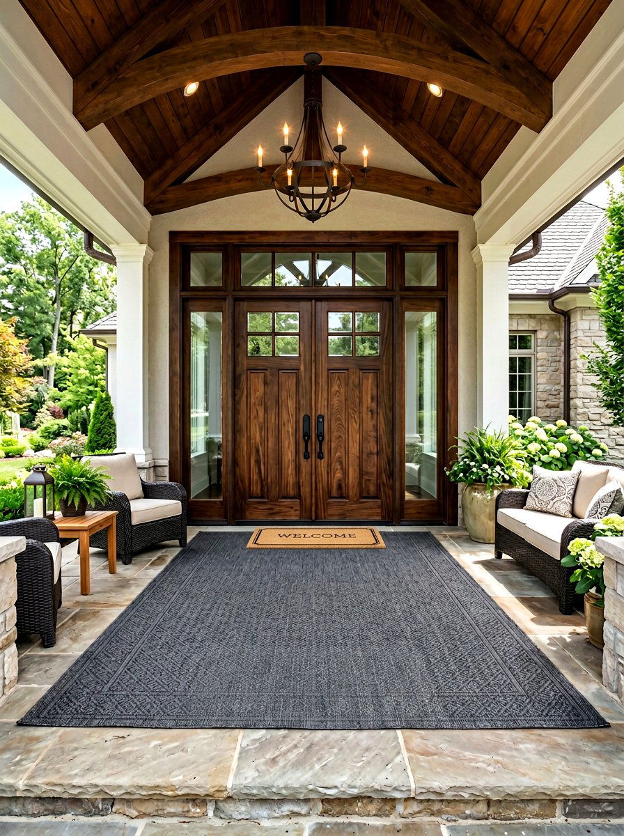 Large charcoal outdoor carpet - 30 porch doormat layering ideas
