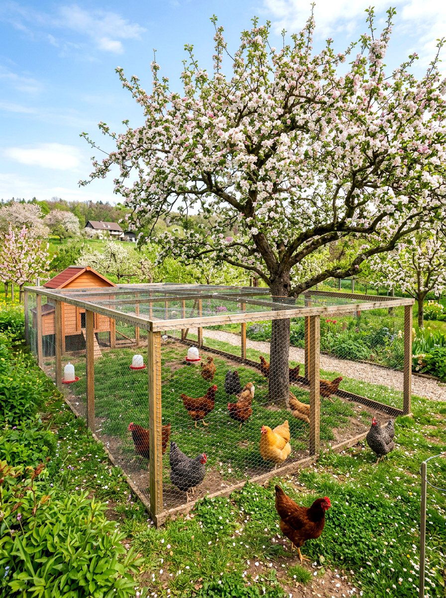 Large chicken run with fruit trees - 30 backyard coop garden ideas