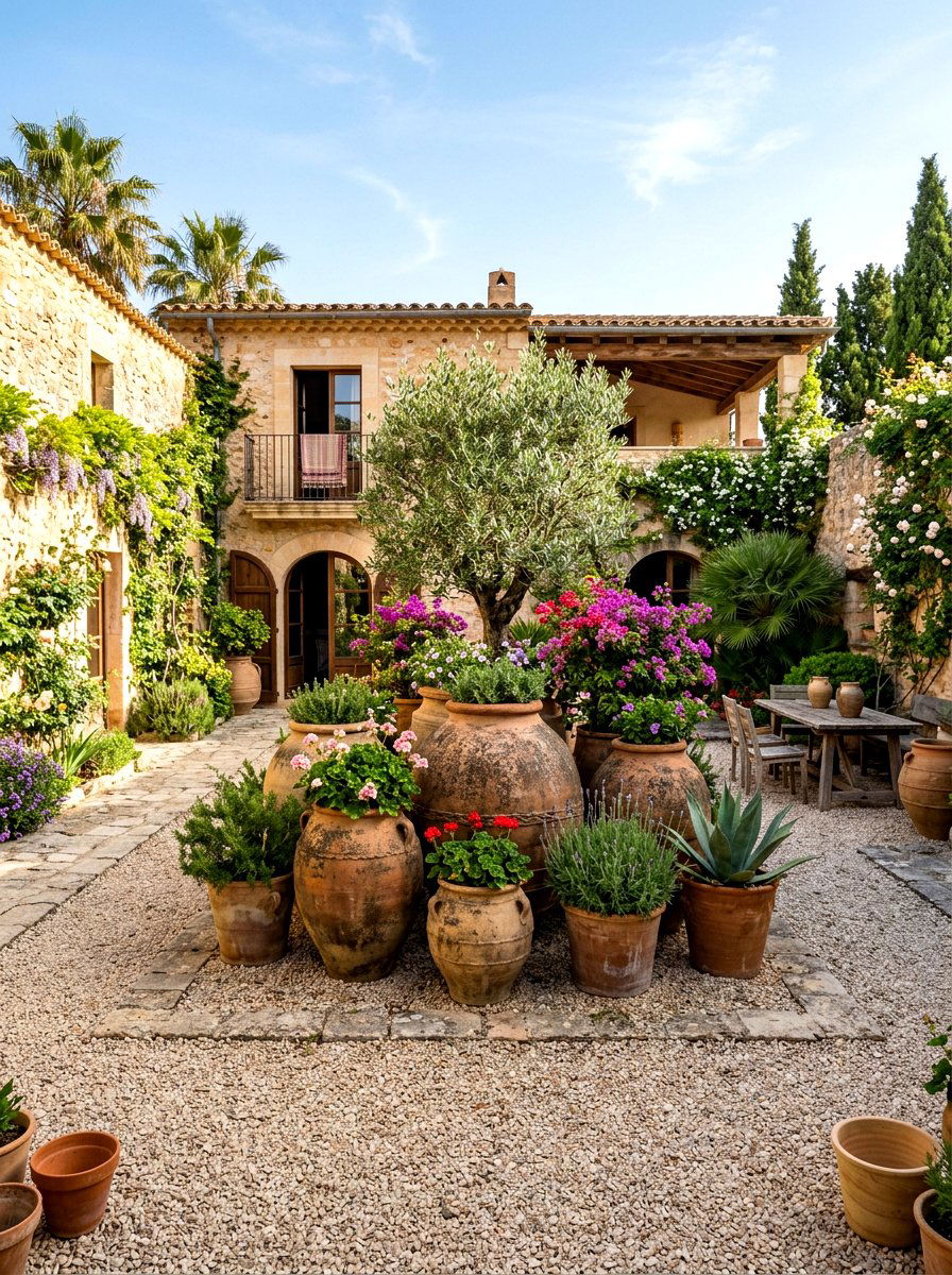 Large clay pot courtyard - 30 Mediterranean front courtyard ideas