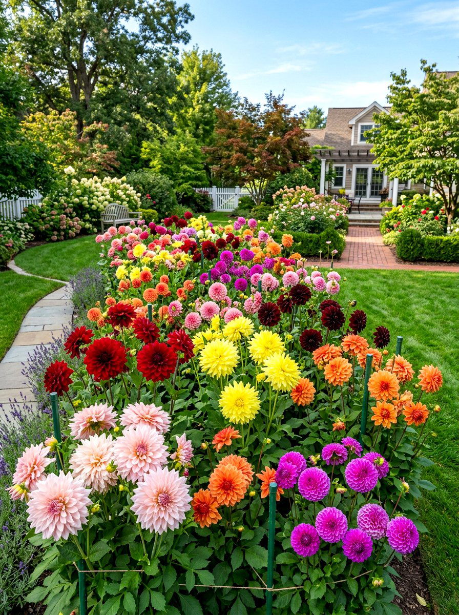 Large dahlia flower bed - 30 summer bloom garden ideas