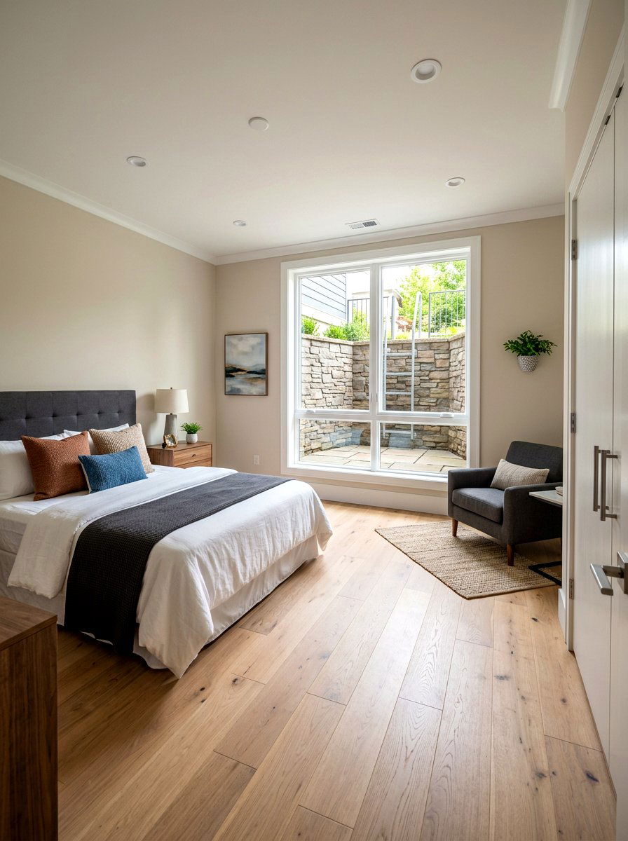 Large egress window landing - 30 basement bedroom egress ideas