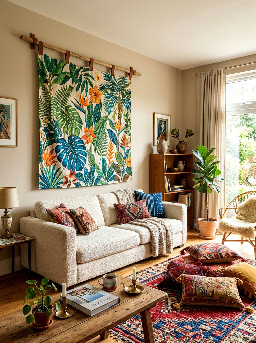 Large fabric tapestry - 30 living room wall decor ideas