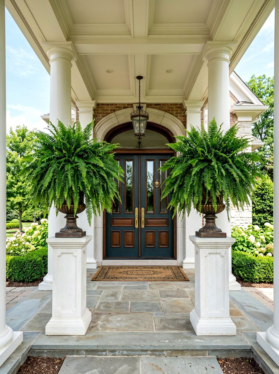 Large ferns on porch pedestals - 30 fern front porch ideas