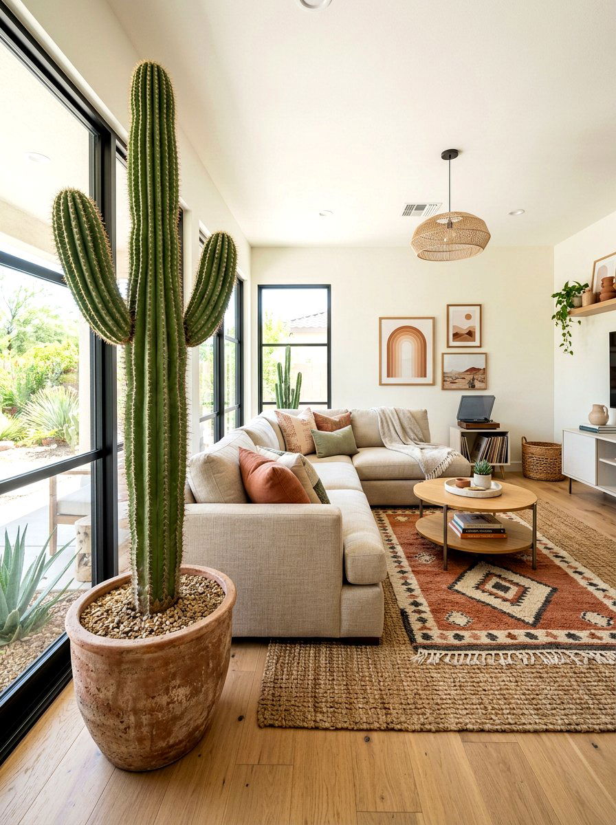 Large floor cactus living room - 30 cactus decor ideas