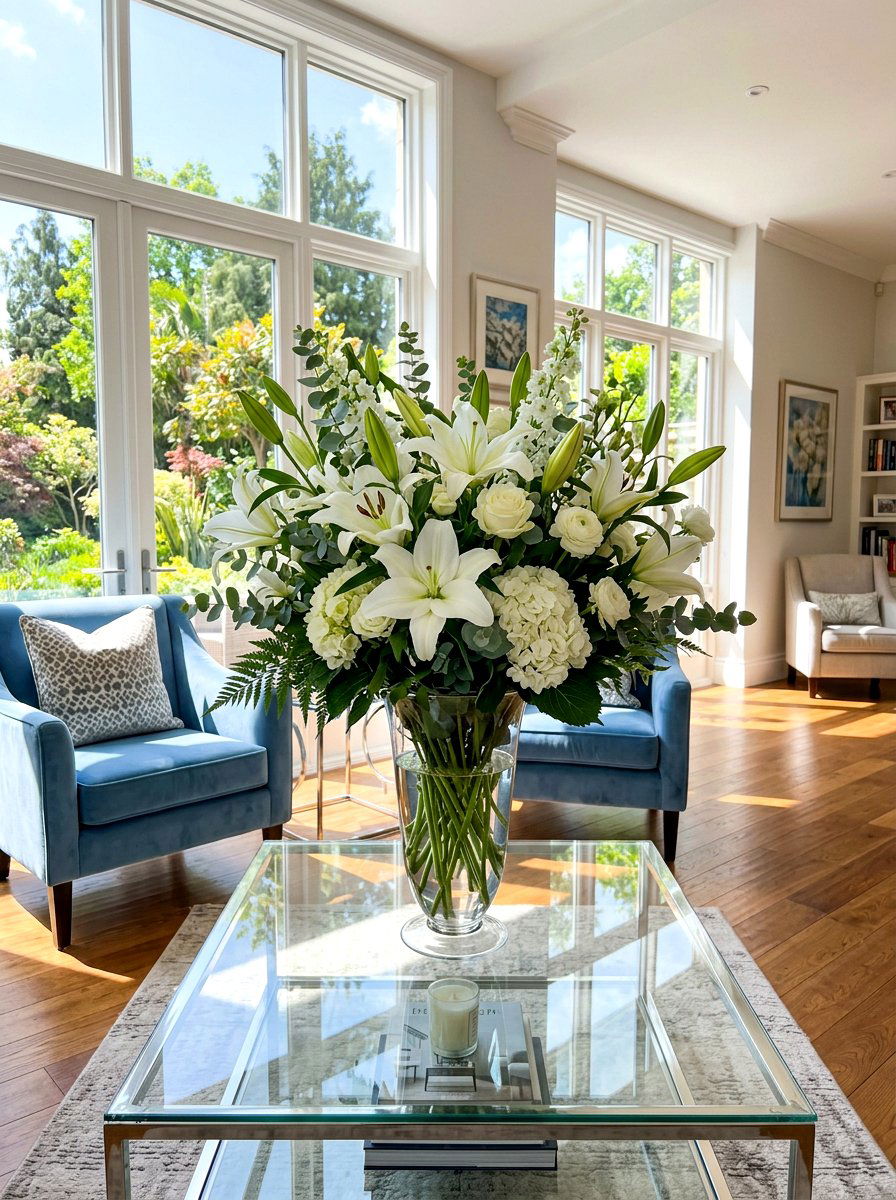 Large floral arrangement - 30 glass coffee table styling ideas