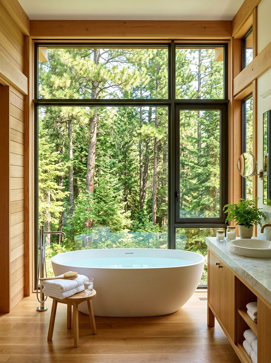 Large forest window - 30 lodge bathroom ideas