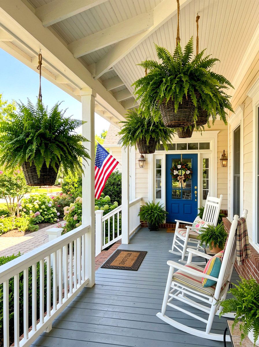 Large hanging porch ferns - 30 Nancy Meyers front porch ideas