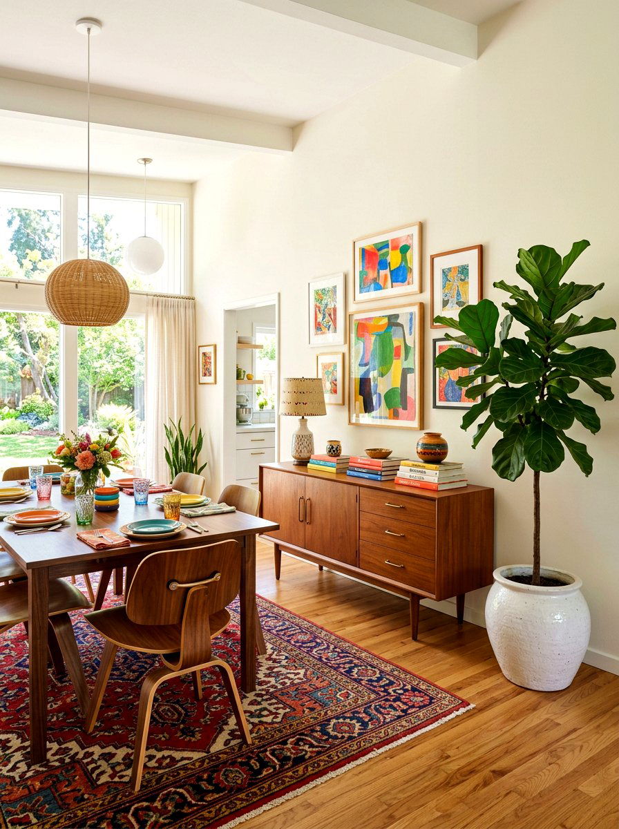 Large indoor plants next to dining room buffet - 30 dining room sideboard styling ideas