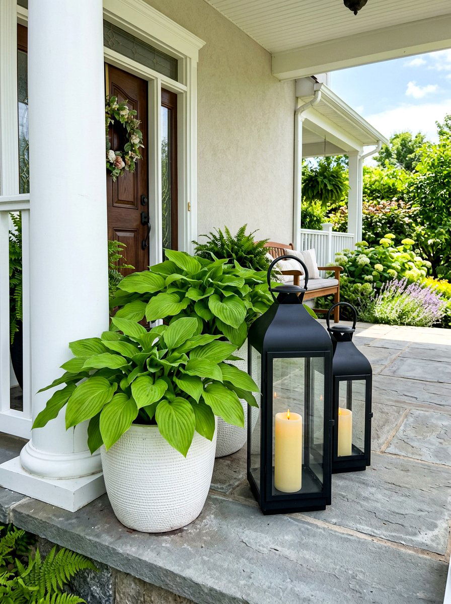 Large lanterns next to planters - 30 spring porch layering ideas