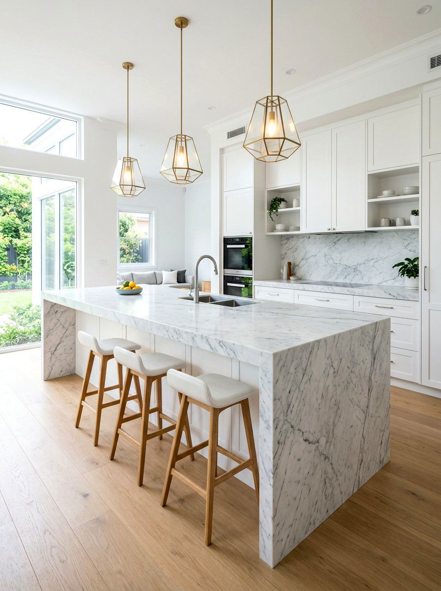 Large marble waterfall kitchen island - 30 statement island kitchen ideas