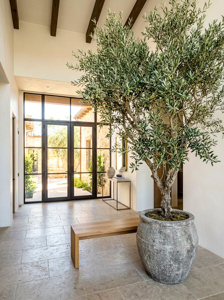 Large olive tree in foyer - 30 dramatic foyer decor ideas
