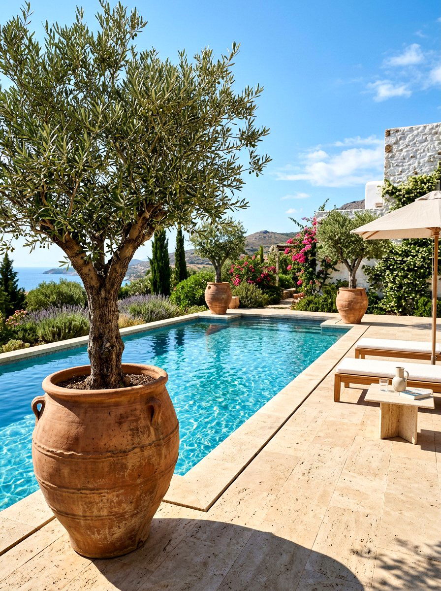 Large potted olive trees on pool deck - 30 poolside olive trees ideas