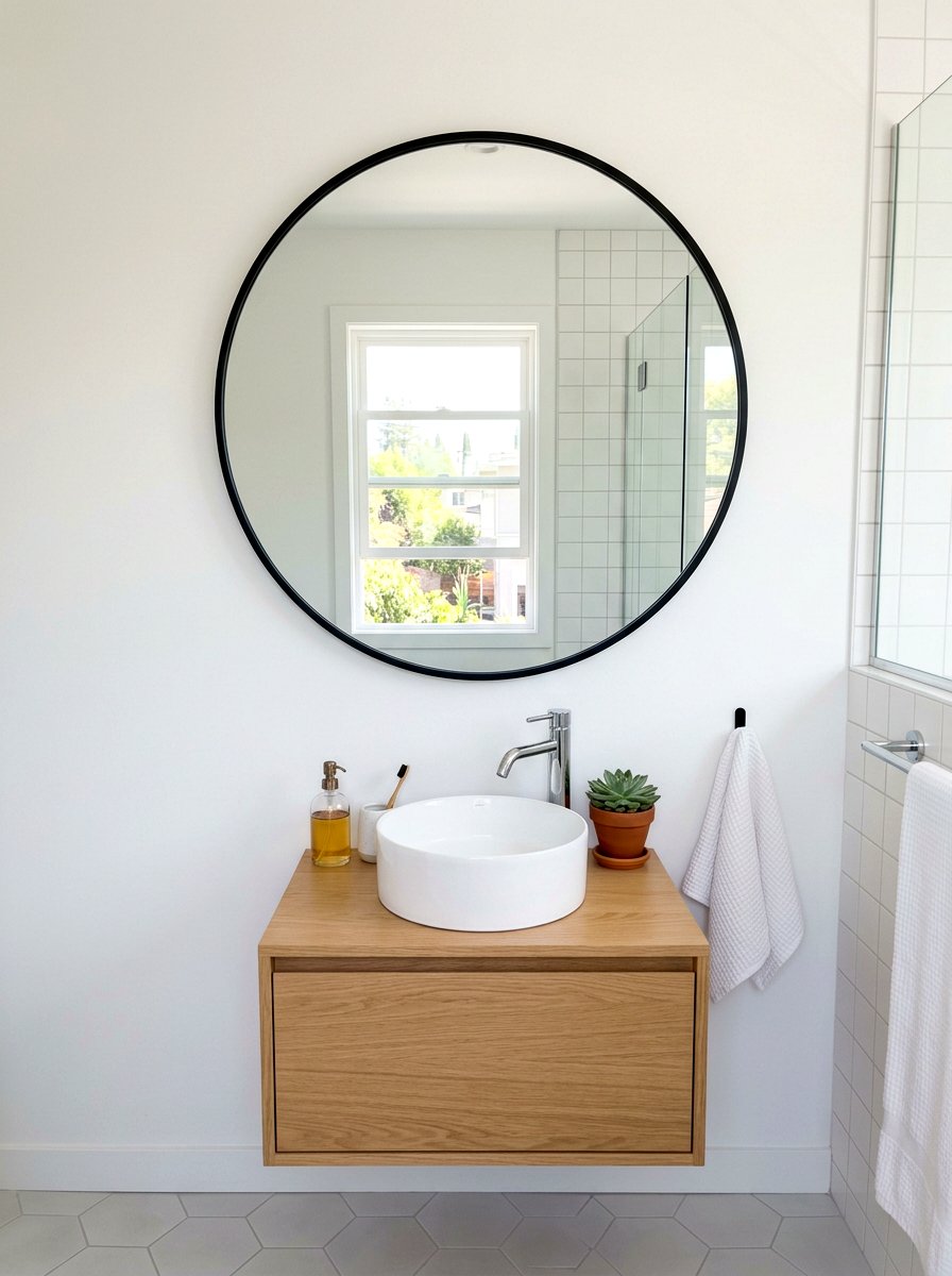 Large round mirror - 30 small guest bath decor ideas
